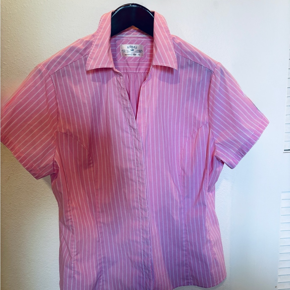 Riders by Lee Baby Pink & White Fitted Short Sleeve Stripe Blouse XXL